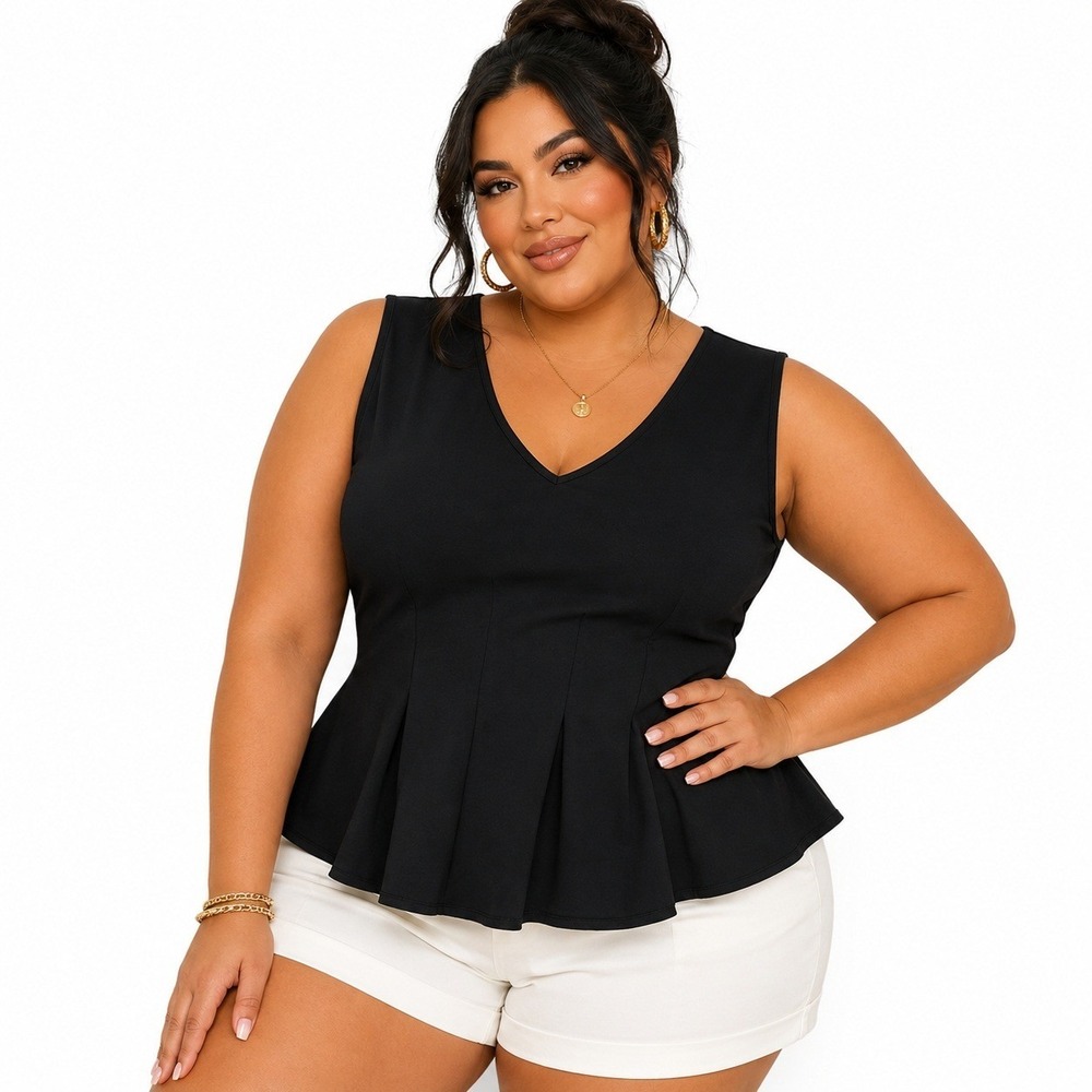 Montgomery‎ Post Black Short Sleeve V Neck Peplum Knit Plus Size 2X Top NWT